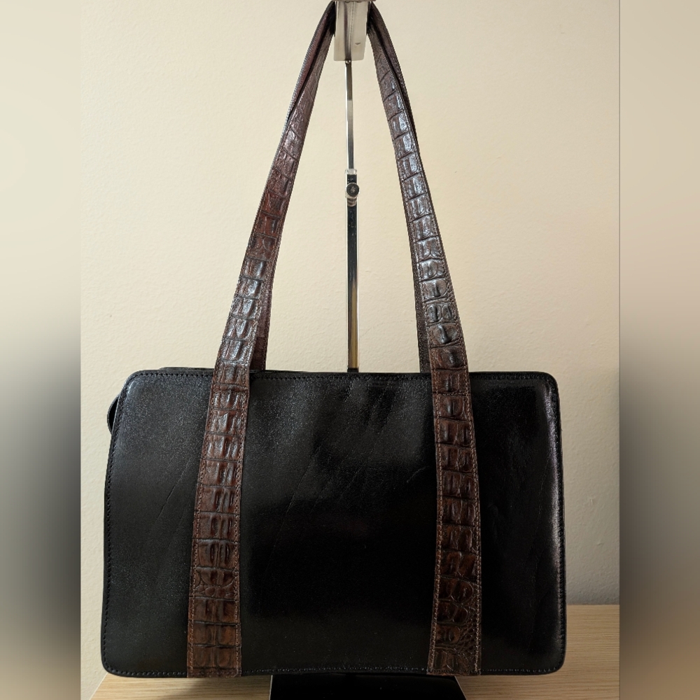 Brahmin Shoulder Bag, Black w/Brown Croc Embossed Leather Handles